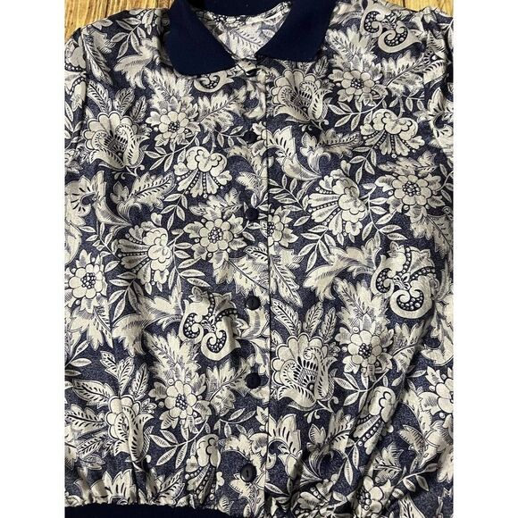 Vintage Lauren Lee Blue And White Floral Womens Blouse Padded Shoulders Size 14 - Picture 4 of 10